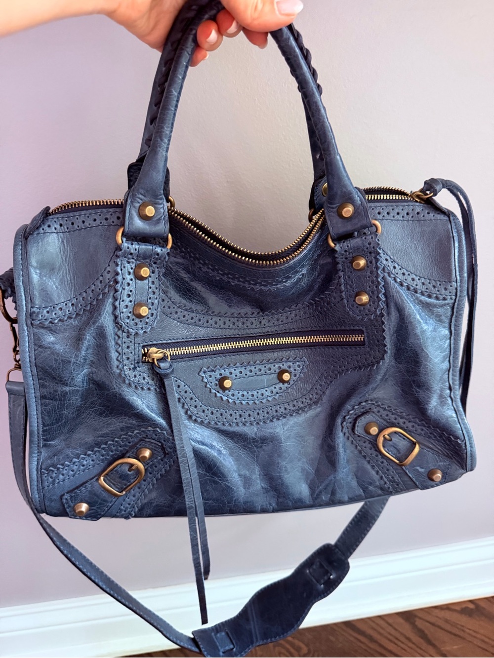 Women's Denim Navy Le City Leather Satchel Handbag Distressed
